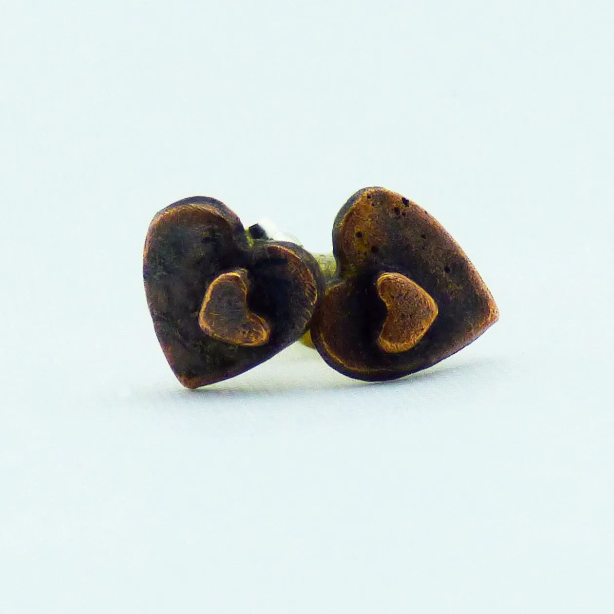 Heart on Heart Copper Studs Earrings with Sterling Silver Post