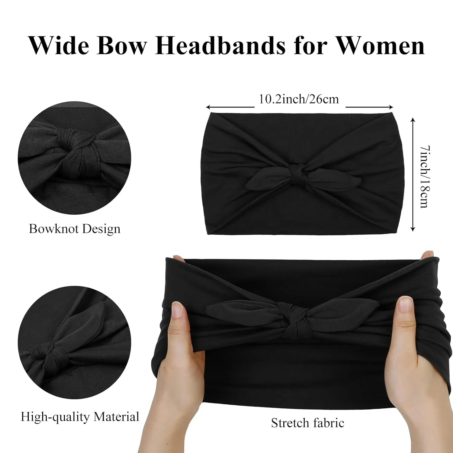 Huachi 2 Packs Black Bow Headbands for Women 7 Extra Wide Head Bands for Womens Hair Non Slip Headwraps Workout Turban Hair Accessories
