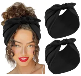 Huachi 2 Packs Black Bow Headbands for Women 7 Extra Wide Head Bands for Womens Hair Non Slip Headwraps Workout Turban Hair Accessories