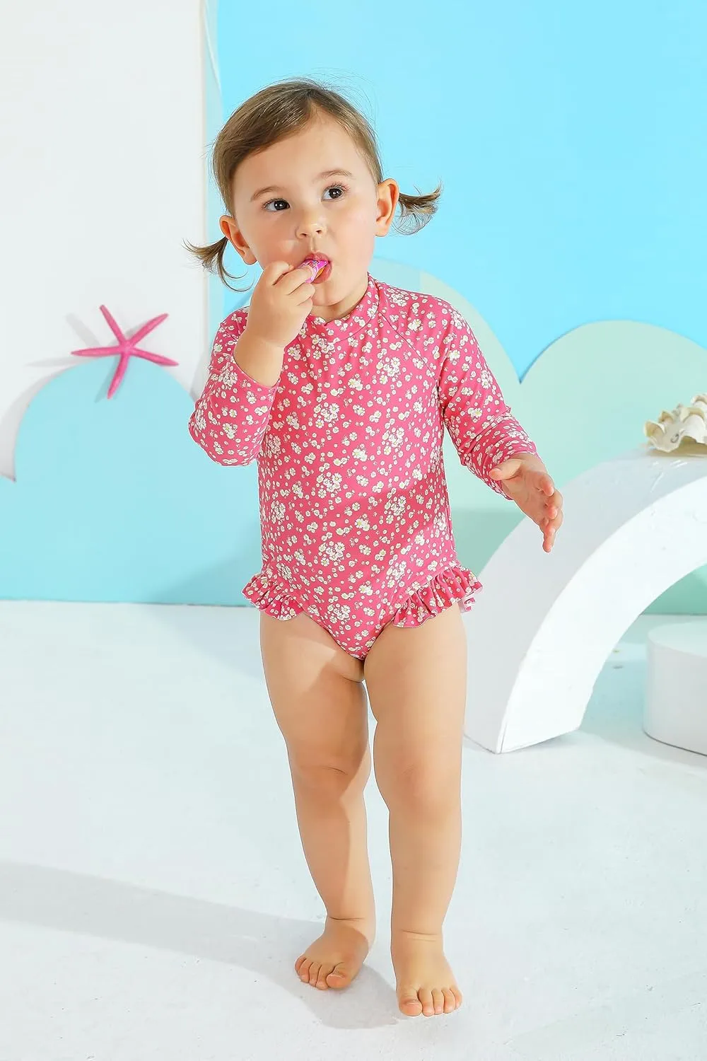 Infant Baby Girl Swimsuit One-Piece Long Sleeve Rash Guard with Hat Set Floral Zipper Bathing Suit Leopard Beach Wear