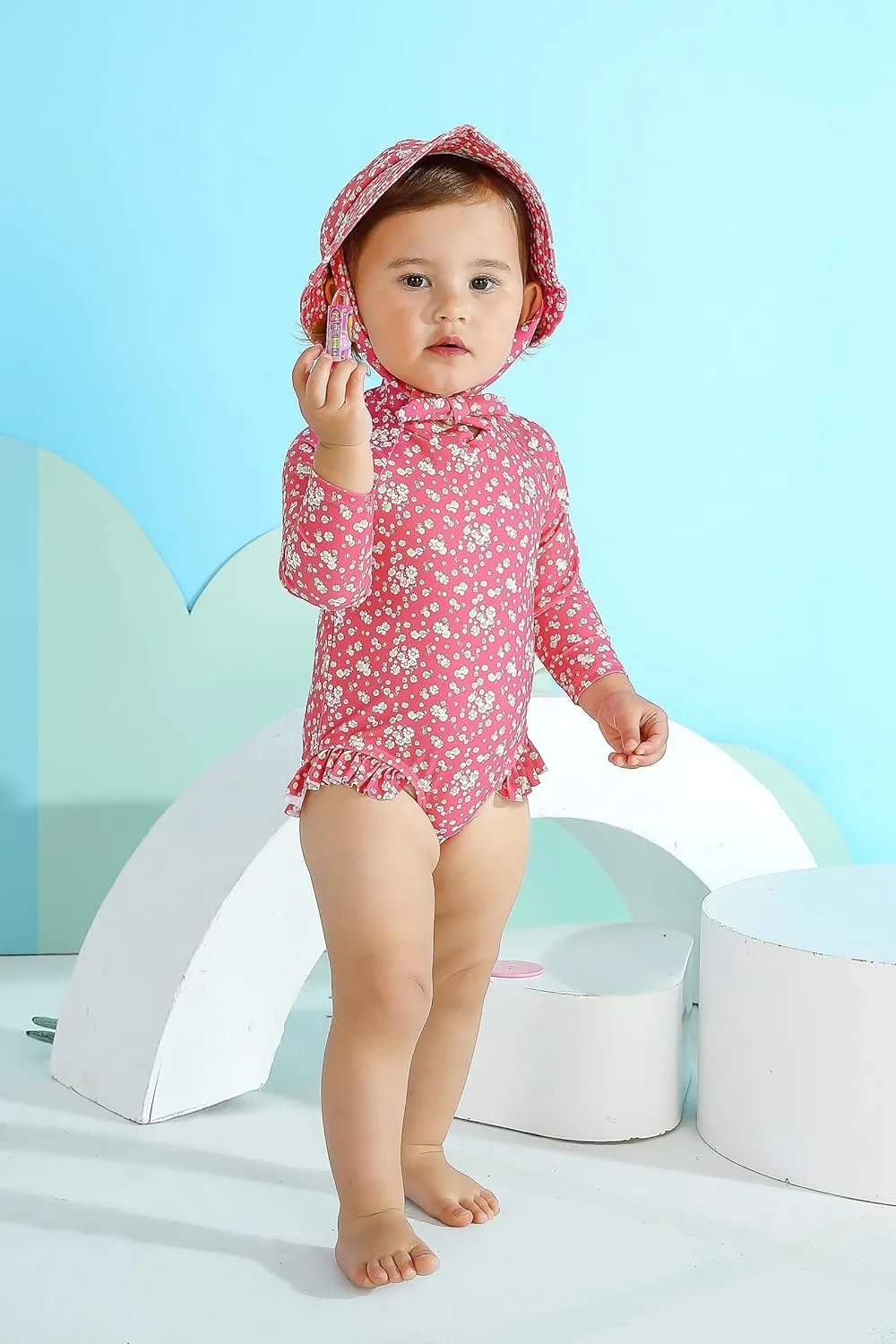 Infant Baby Girl Swimsuit One-Piece Long Sleeve Rash Guard with Hat Set Floral Zipper Bathing Suit Leopard Beach Wear