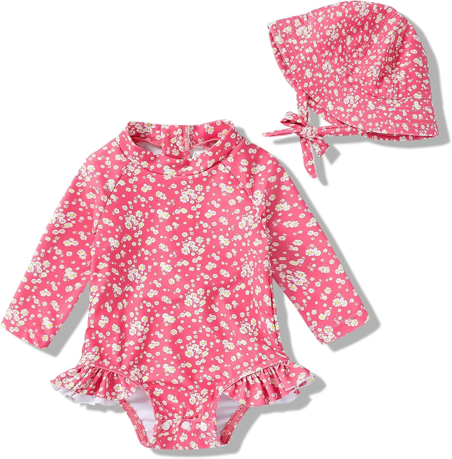 Infant Baby Girl Swimsuit One-Piece Long Sleeve Rash Guard with Hat Set Floral Zipper Bathing Suit Leopard Beach Wear