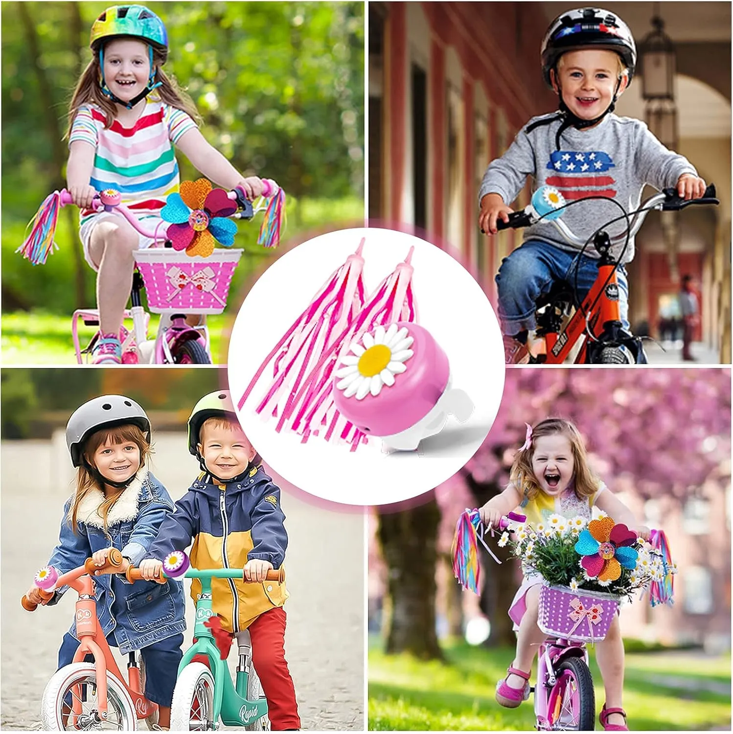 kortes 1 Pack Kids Bike Bell and 2 Pack Kids Bike Streamers for Children's Bike Accessories (Pink, Red,& Blue)