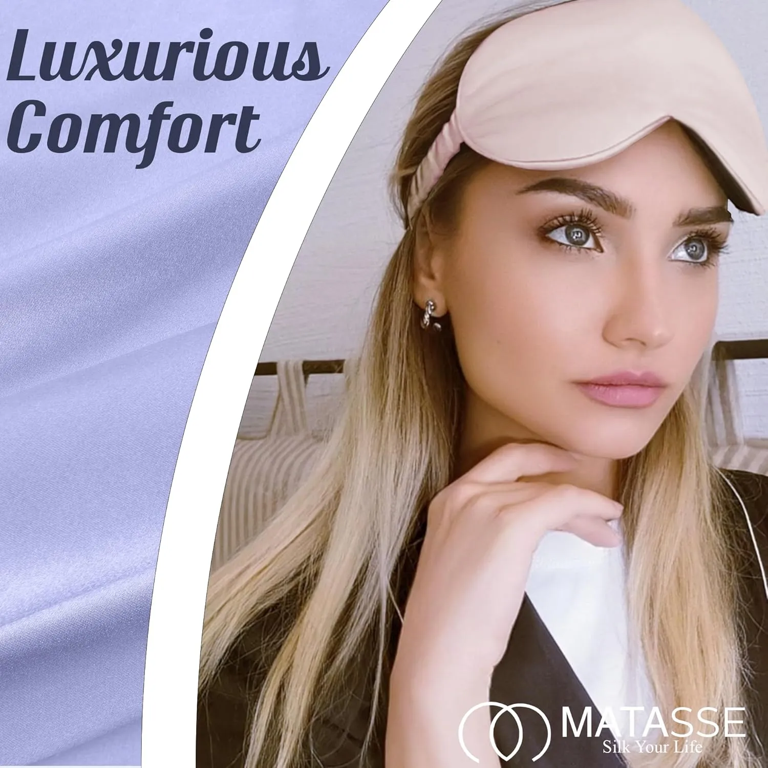 MATASSE Silk Eye Mask for Sleeping with Adjustable Elastic Band - 3D Contoured, Eye Cover Sleep Mask w/Genuine Mulberry Silk Including The Strap for Women, Men (Black-Champagne)
