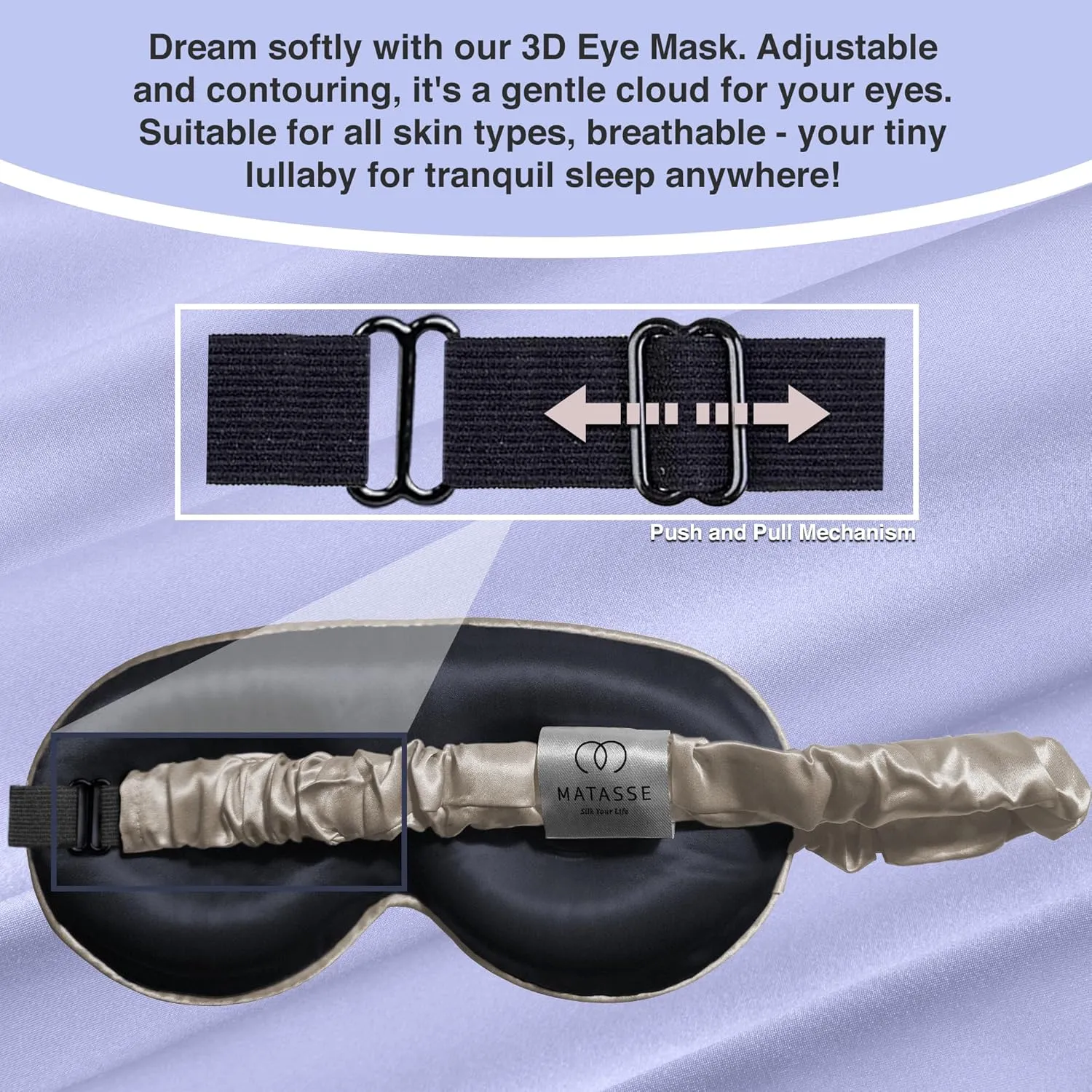 MATASSE Silk Eye Mask for Sleeping with Adjustable Elastic Band - 3D Contoured, Eye Cover Sleep Mask w/Genuine Mulberry Silk Including The Strap for Women, Men (Black-Champagne)
