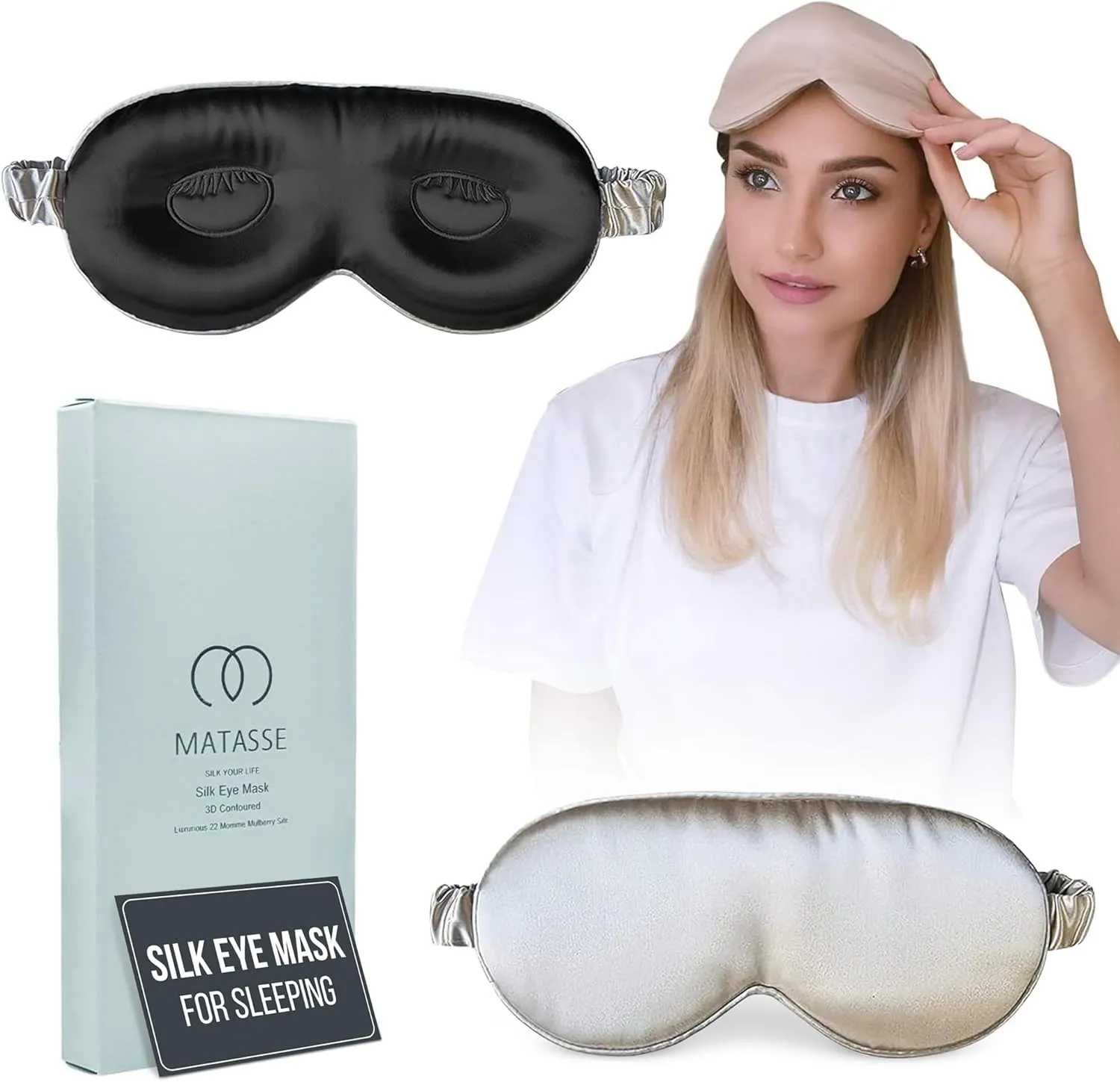 MATASSE Silk Eye Mask for Sleeping with Adjustable Elastic Band - 3D Contoured, Eye Cover Sleep Mask w/Genuine Mulberry Silk Including The Strap for Women, Men (Black-Champagne)