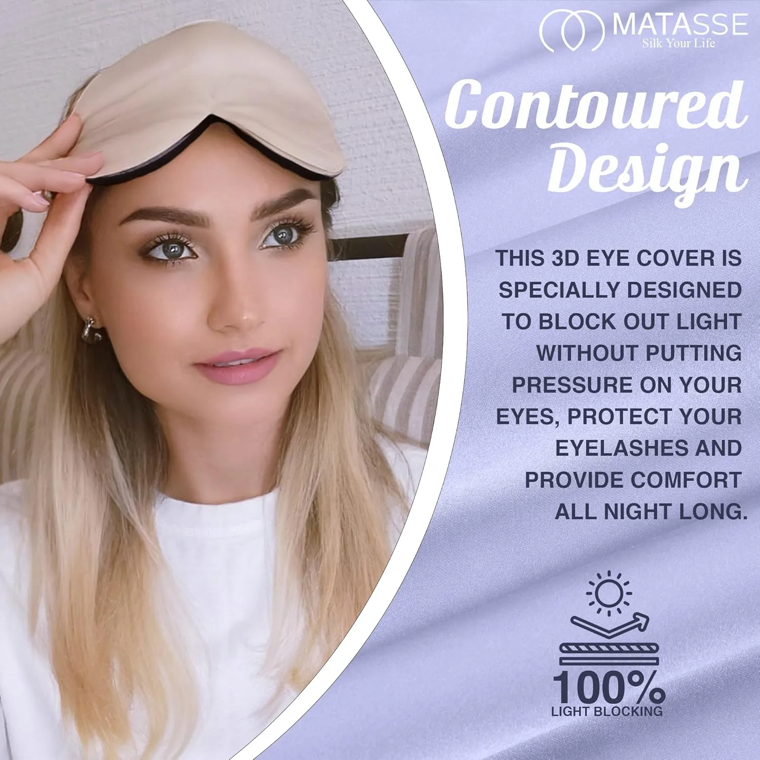 MATASSE Silk Eye Mask for Sleeping with Adjustable Elastic Band - 3D Contoured, Eye Cover Sleep Mask w/Genuine Mulberry Silk Including The Strap for Women, Men (Black-Champagne)