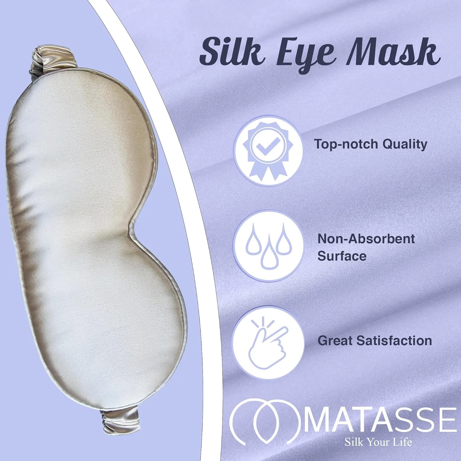 MATASSE Silk Eye Mask for Sleeping with Adjustable Elastic Band - 3D Contoured, Eye Cover Sleep Mask w/Genuine Mulberry Silk Including The Strap for Women, Men (Black-Champagne)