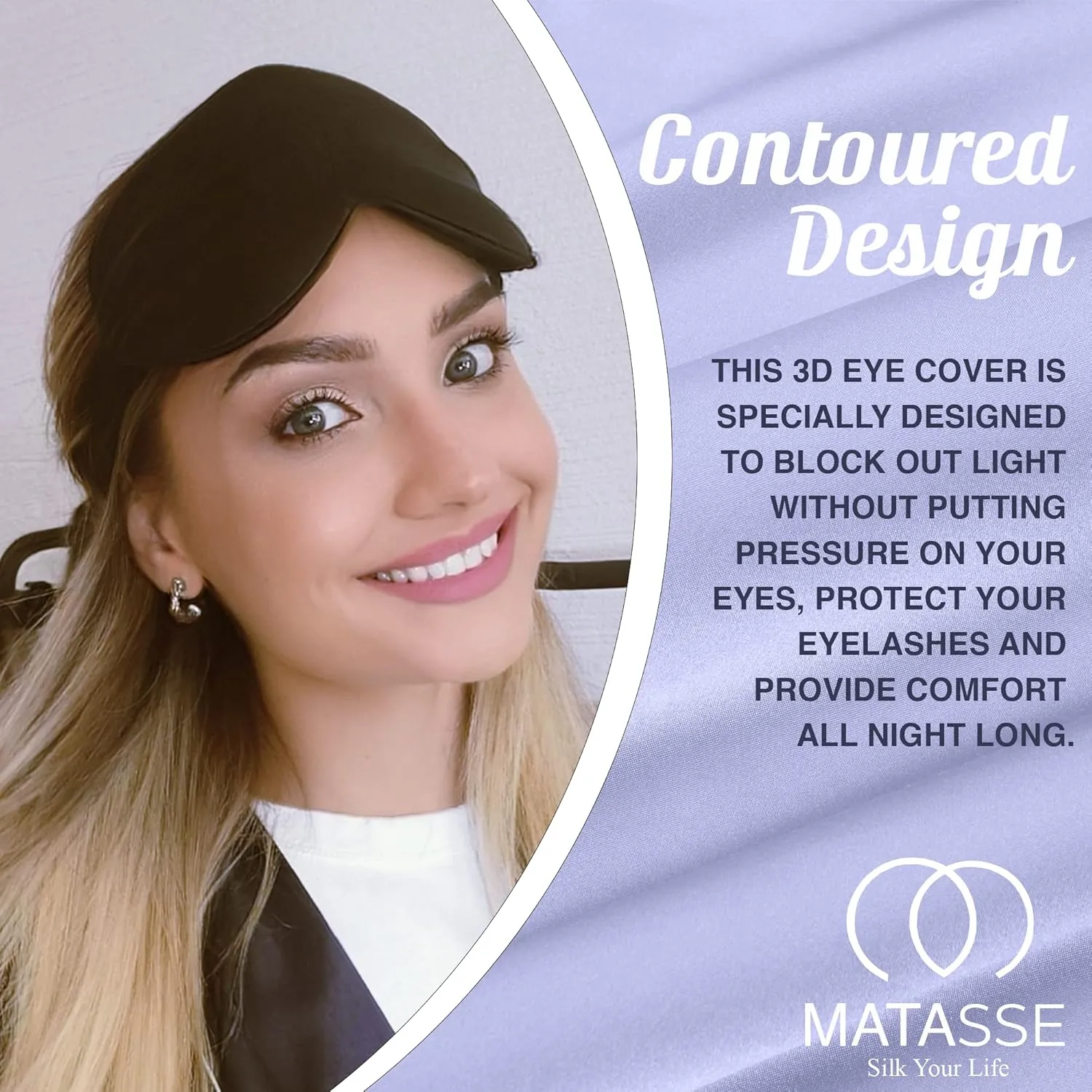 MATASSE Silk Eye Mask for Sleeping with Adjustable Elastic Band - 3D Contoured, Eye Cover Sleep Mask w/Genuine Mulberry Silk Including The Strap for Women, Men (Black)
