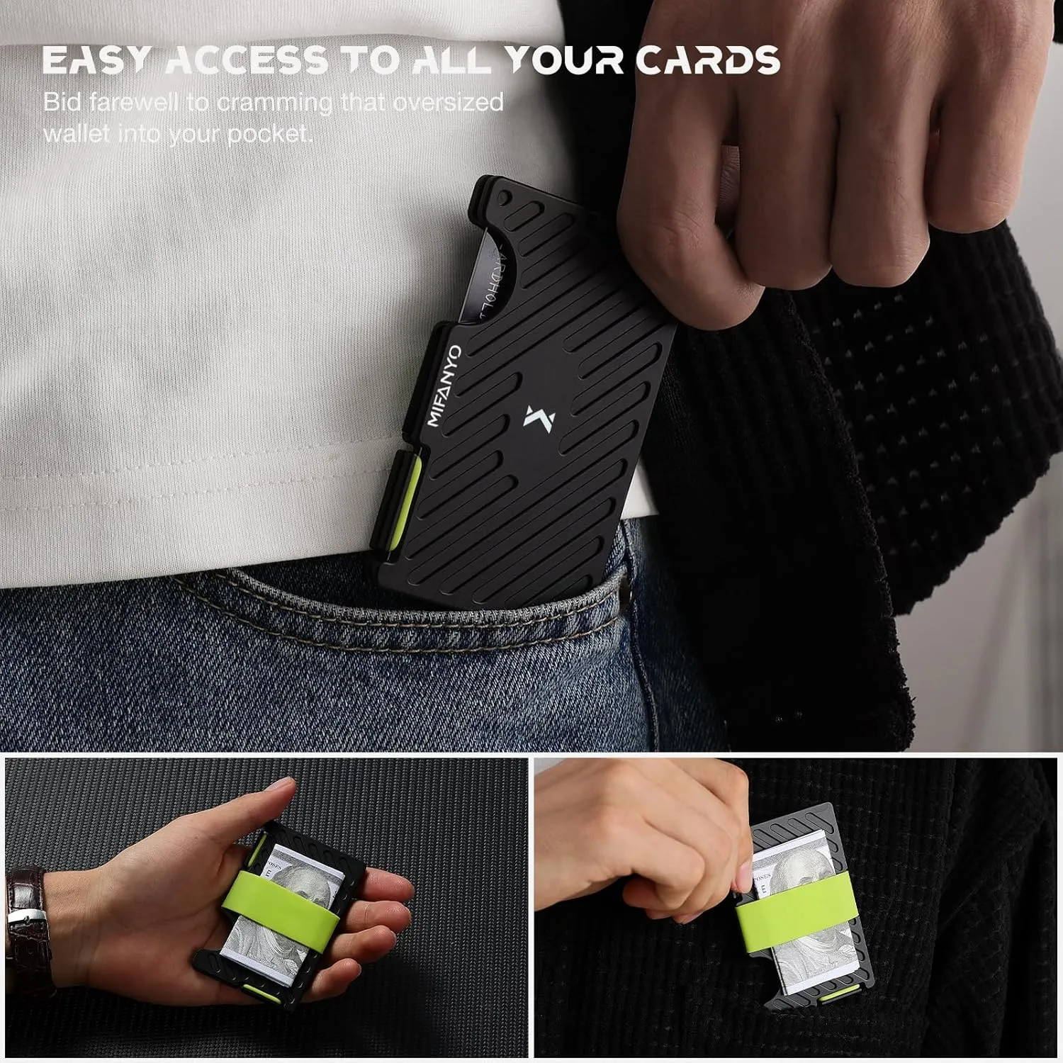 Mens Wallet, Minimalist Metal Card Holder with Cash Strap, Slim RFID Blocking Front Pocket Wallet, Black, LK-02