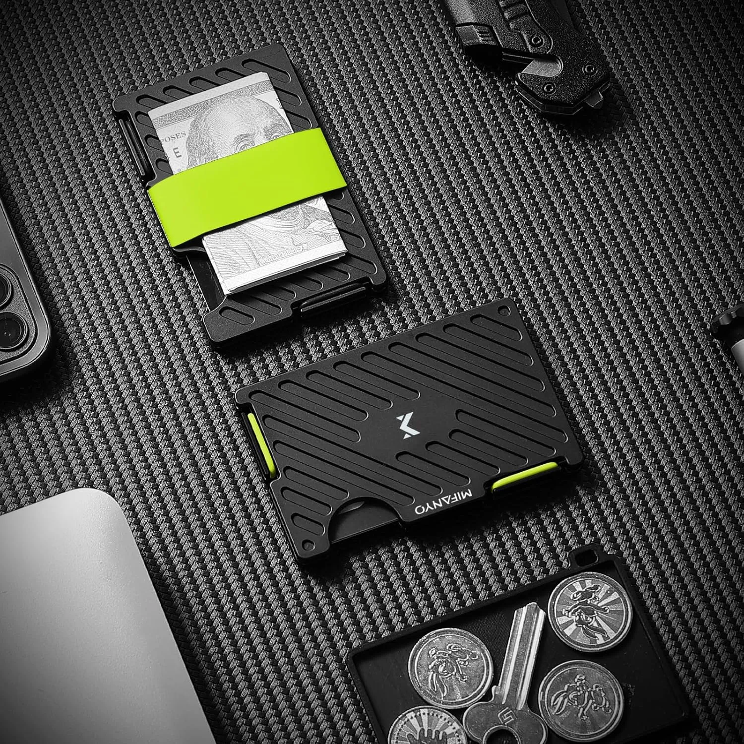 Mens Wallet, Minimalist Metal Card Holder with Cash Strap, Slim RFID Blocking Front Pocket Wallet, Black, LK-02