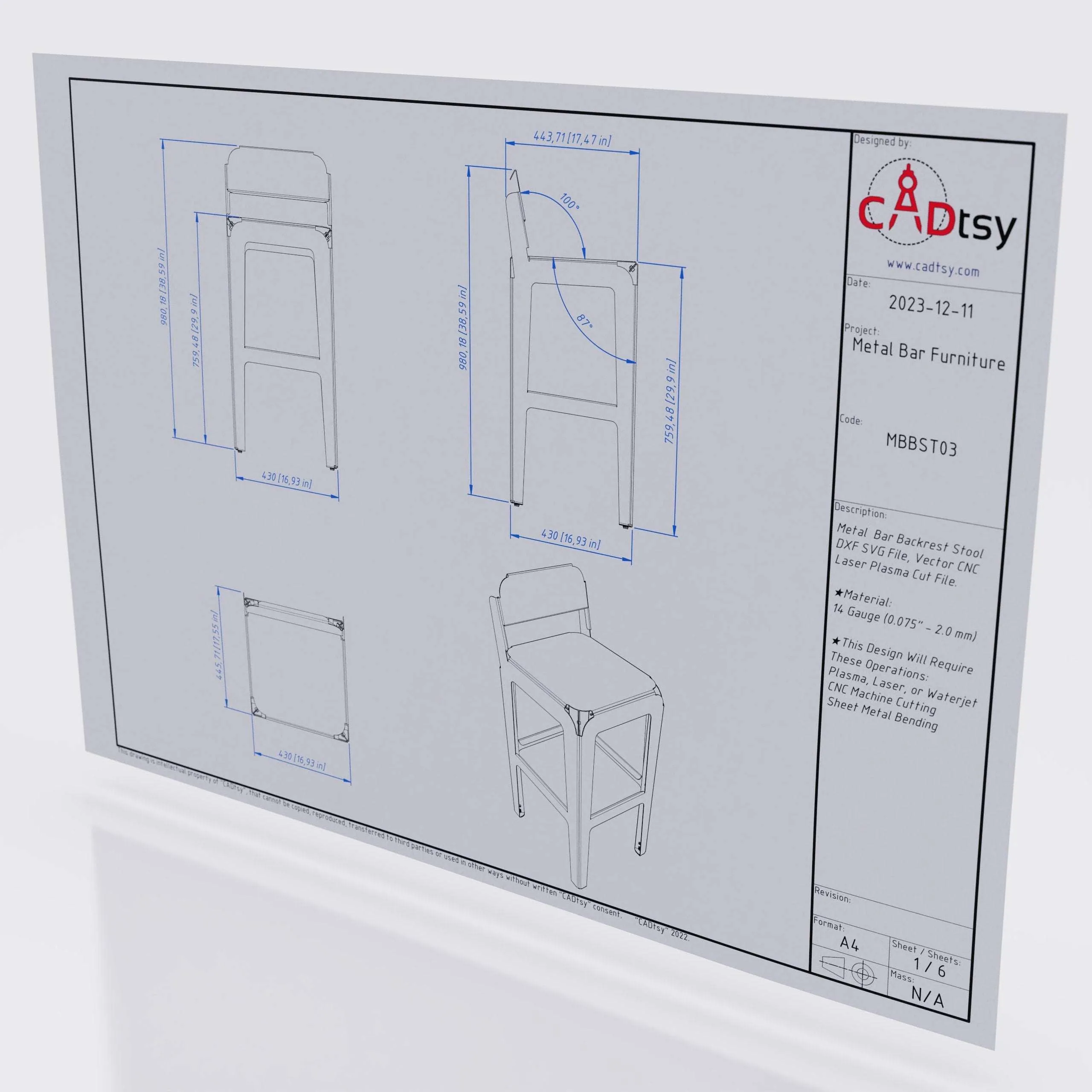 Metal Bar Backrest Stool CNC Plasma/Laser Cutting DXF/SVG Files. Height 760 mm (30")