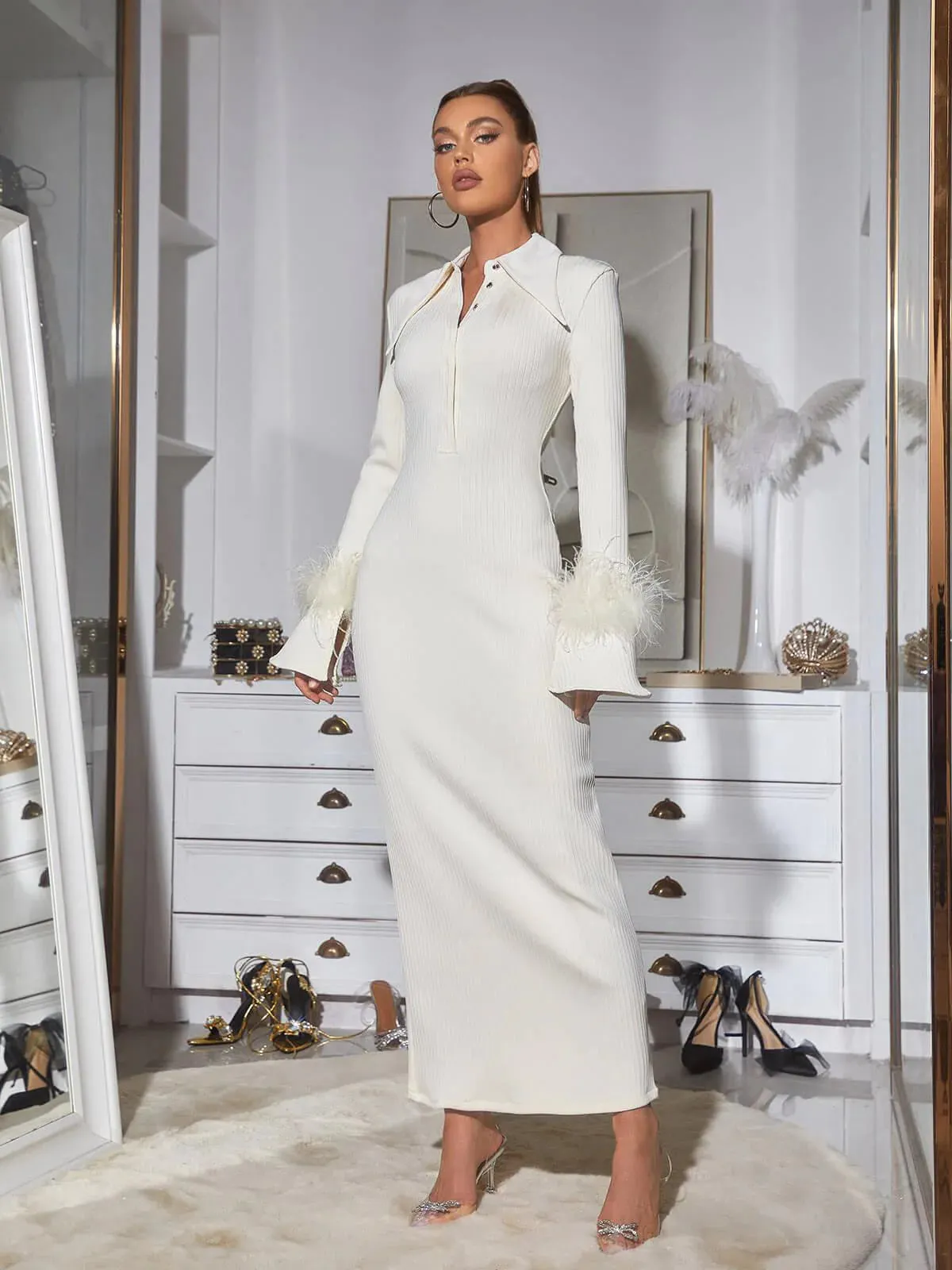 MIYA LONG SLEEVE FEATHER BANDAGE DRESS