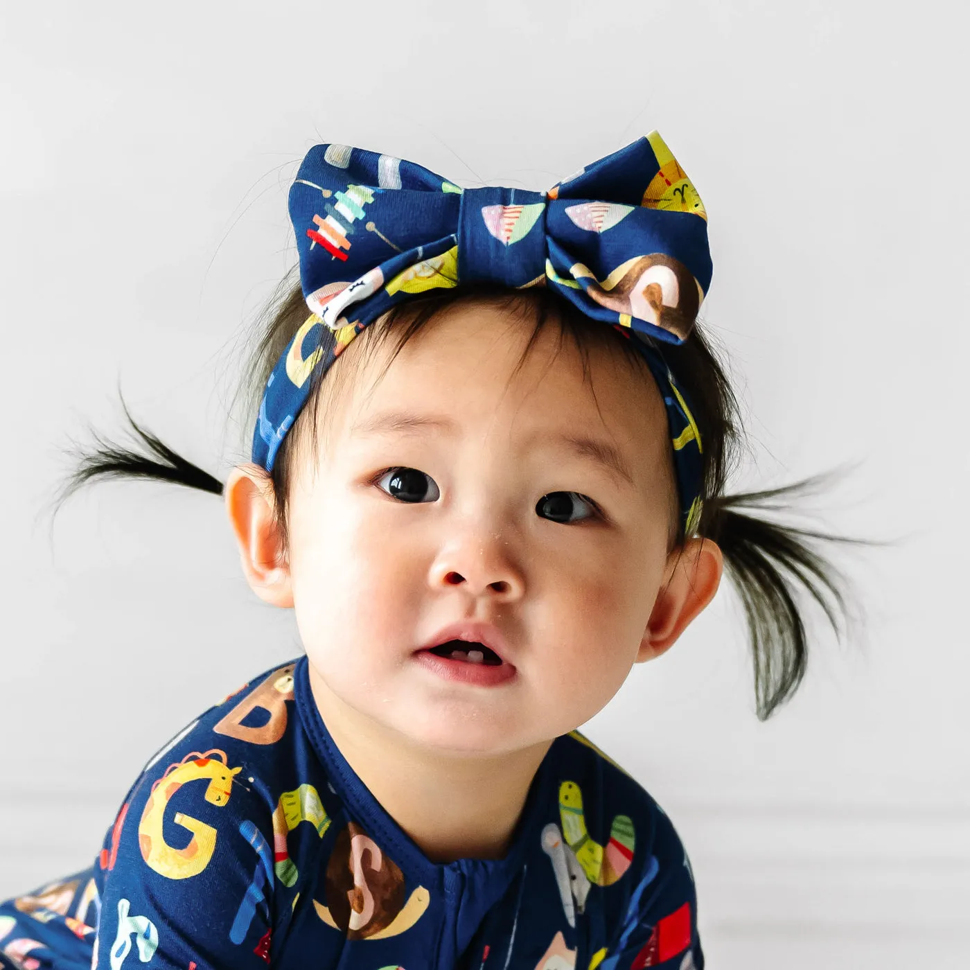 Navy Alphabet Friends Luxe Bow Headband