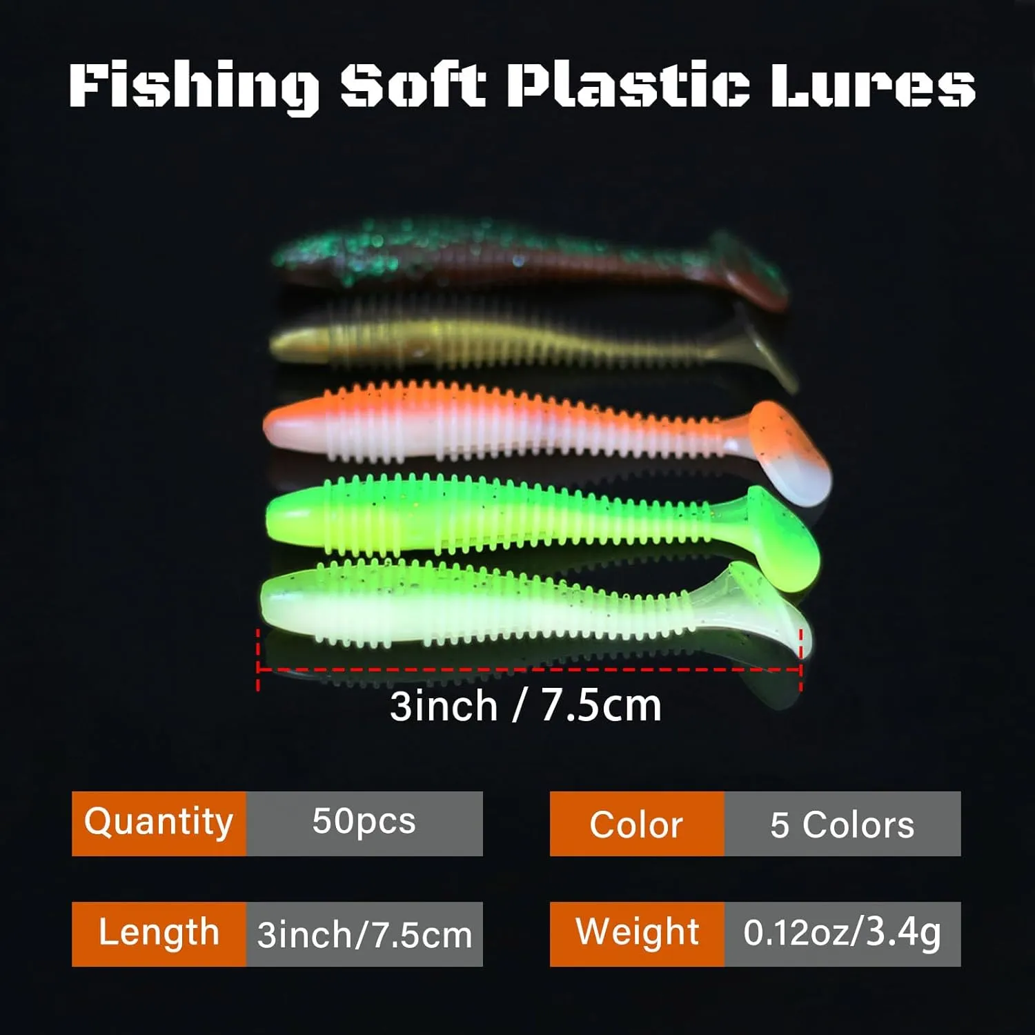 Paddle Tail Swimbaits, 50 PCS Ribbed 3 Inchs Soft Plastic Fishing Lures for Bass Trout Crappie Walleye Saltwater/Freshwater Fishing