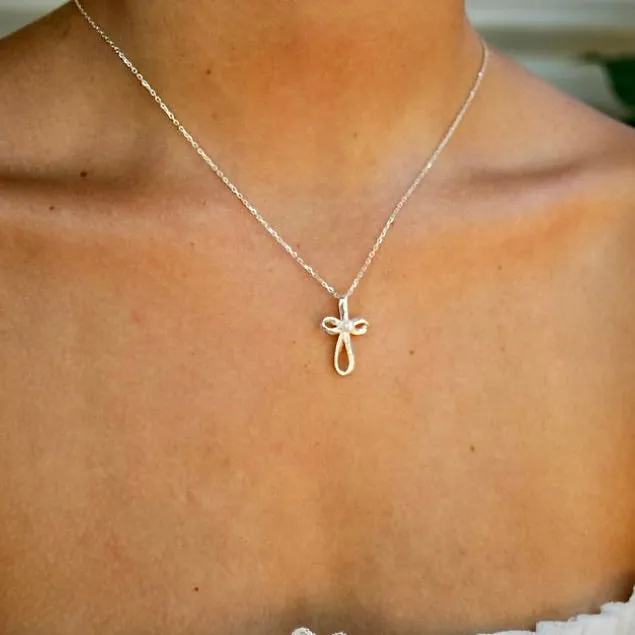 Pearl Ribbon Cross Sterling Silver Pendant