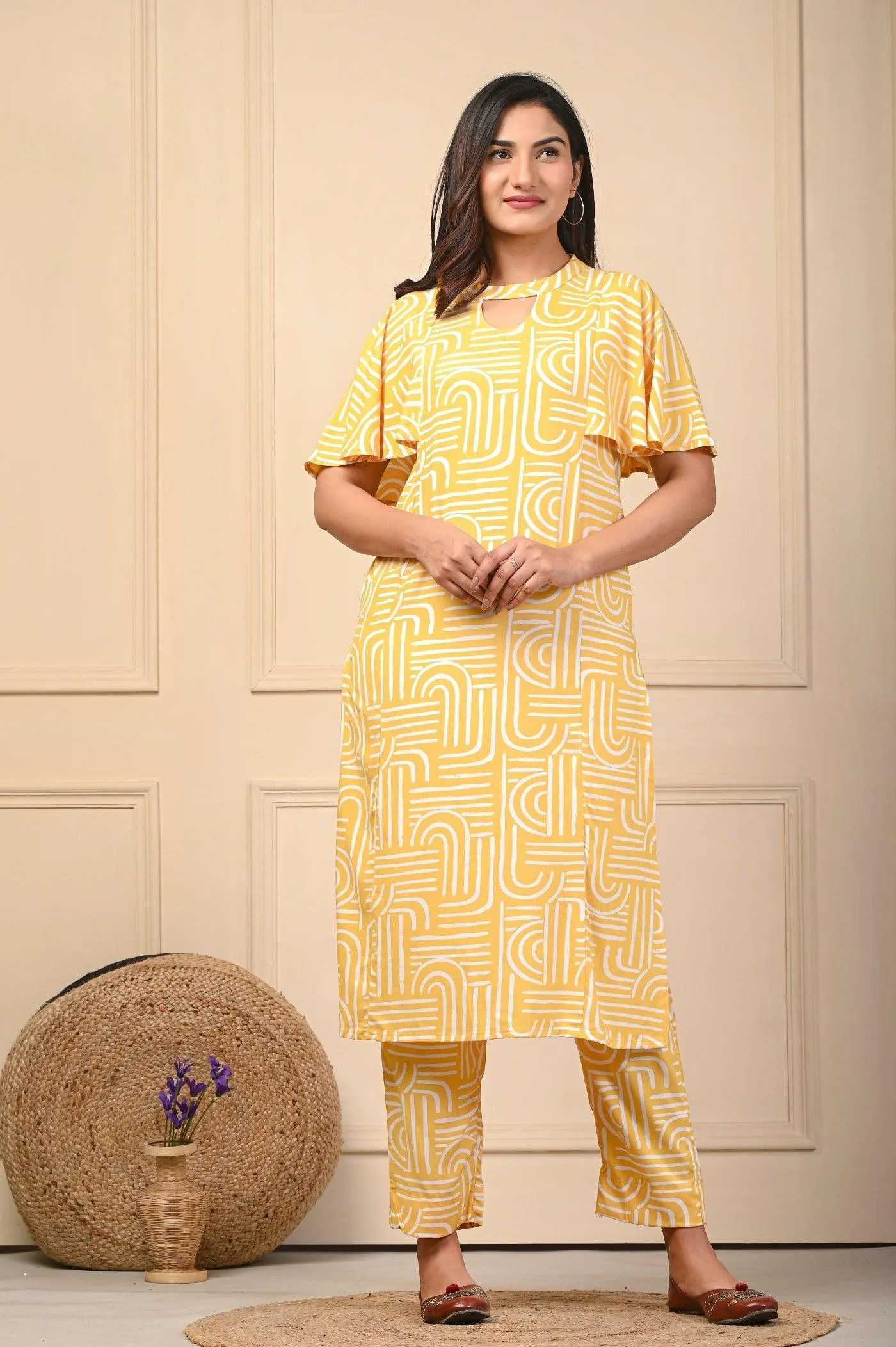 Rayon Elegant Kurtis Pant Set In Pink & Yellow