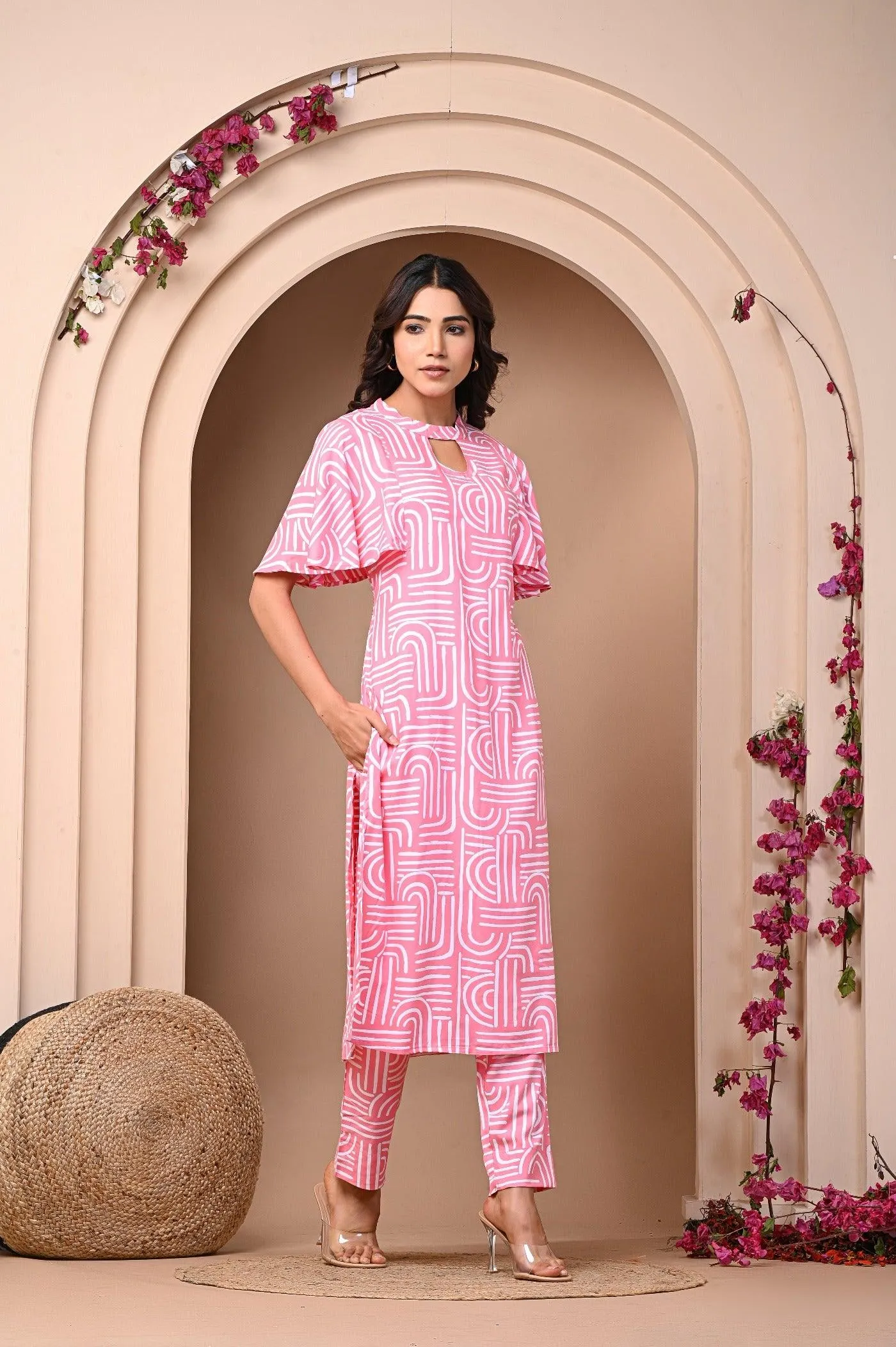 Rayon Elegant Kurtis Pant Set In Pink & Yellow