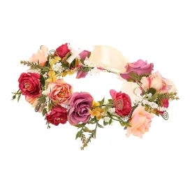 Rose Flower Crown Bridal Floral Headband Hair Wreath Flower Headpiece Halo Boho with Ribbon Wedding Party Festival Photos