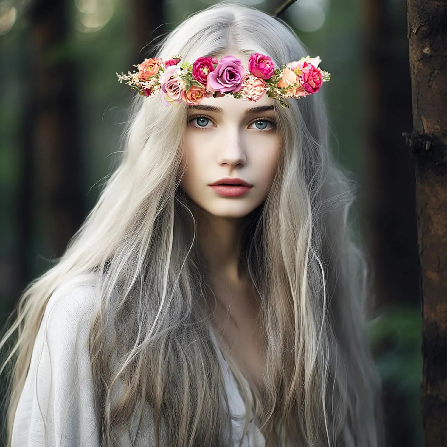 Rose Flower Crown Bridal Floral Headband Hair Wreath Flower Headpiece Halo Boho with Ribbon Wedding Party Festival Photos