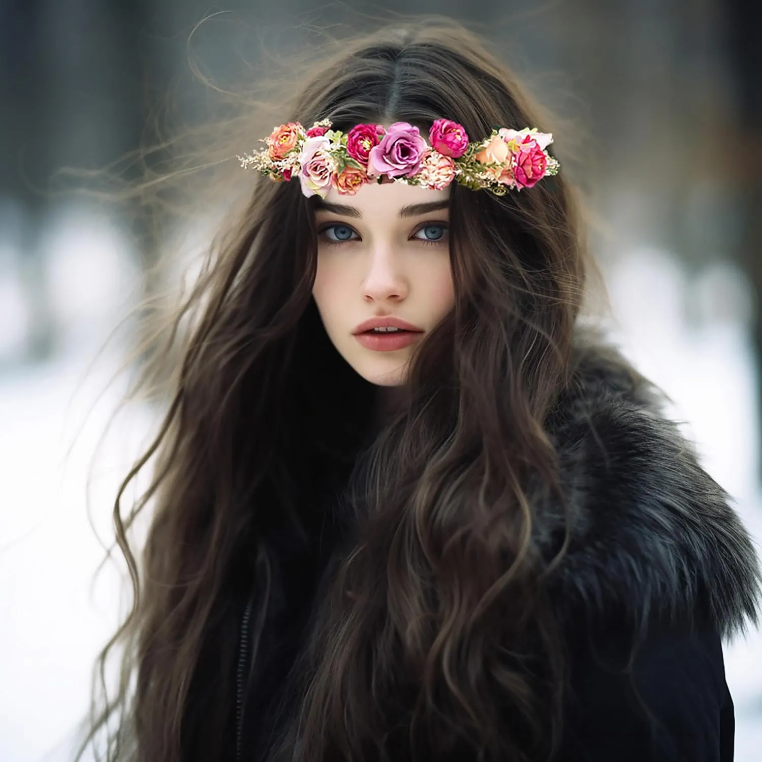 Rose Flower Crown Bridal Floral Headband Hair Wreath Flower Headpiece Halo Boho with Ribbon Wedding Party Festival Photos