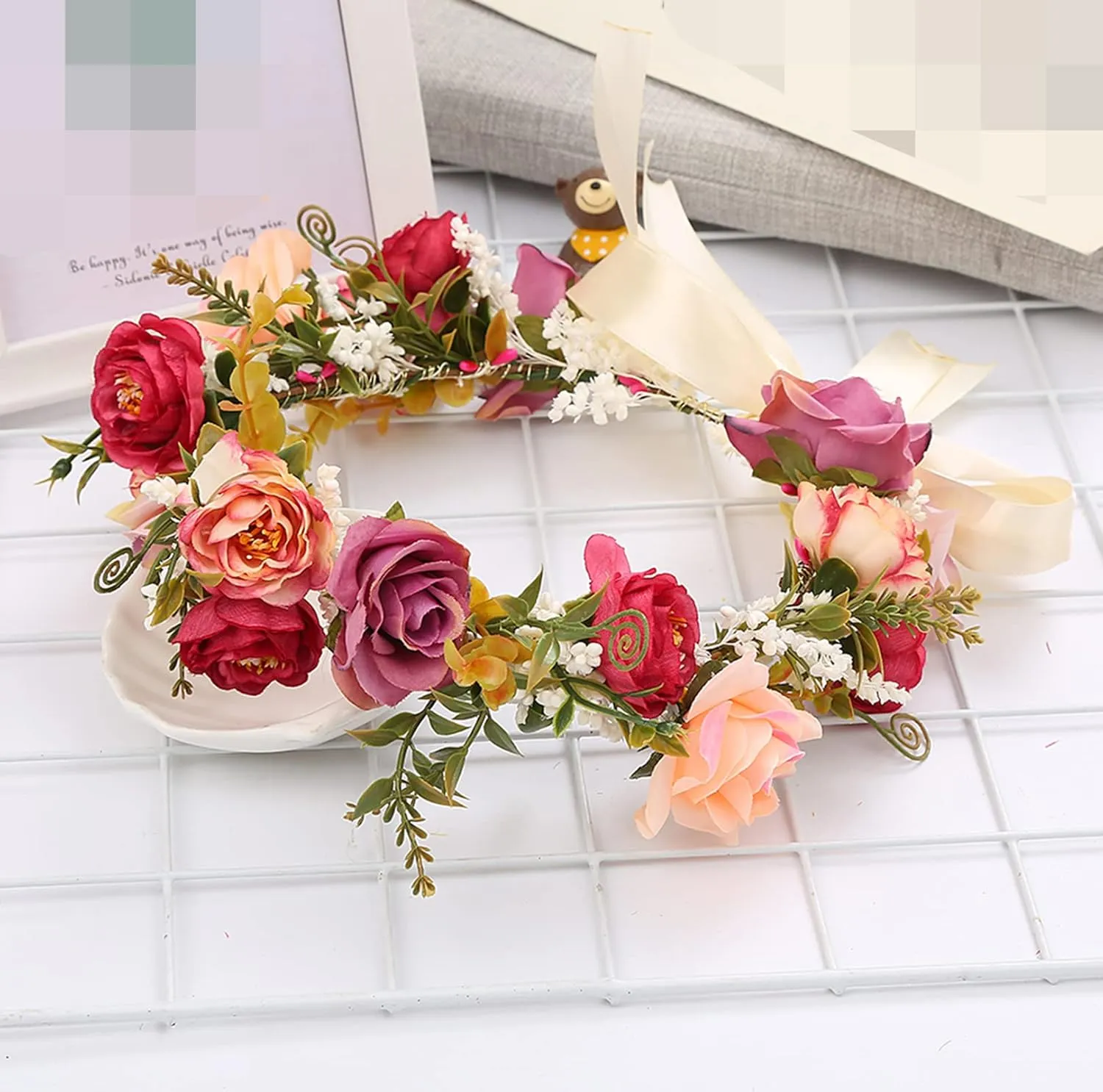 Rose Flower Crown Bridal Floral Headband Hair Wreath Flower Headpiece Halo Boho with Ribbon Wedding Party Festival Photos