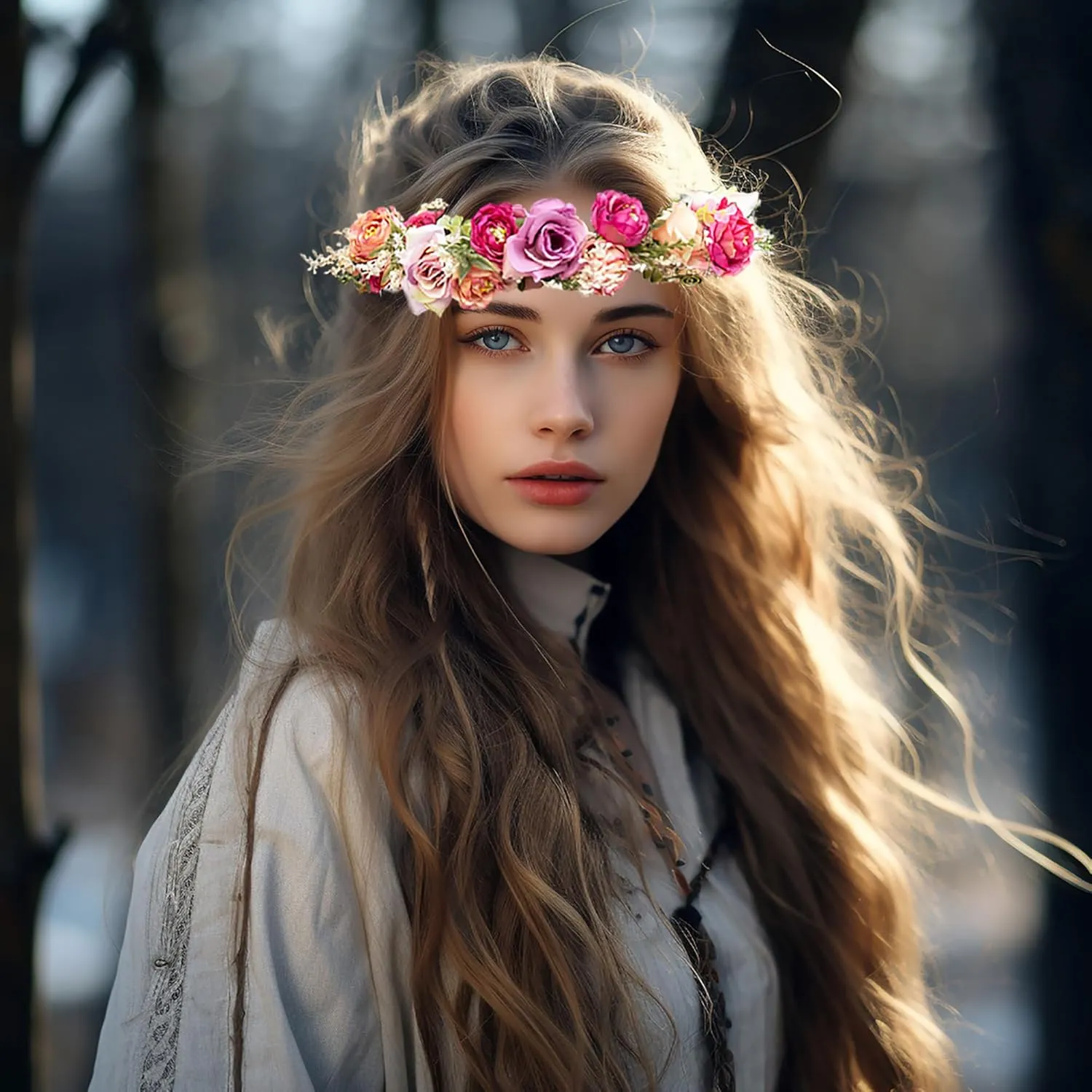 Rose Flower Crown Bridal Floral Headband Hair Wreath Flower Headpiece Halo Boho with Ribbon Wedding Party Festival Photos