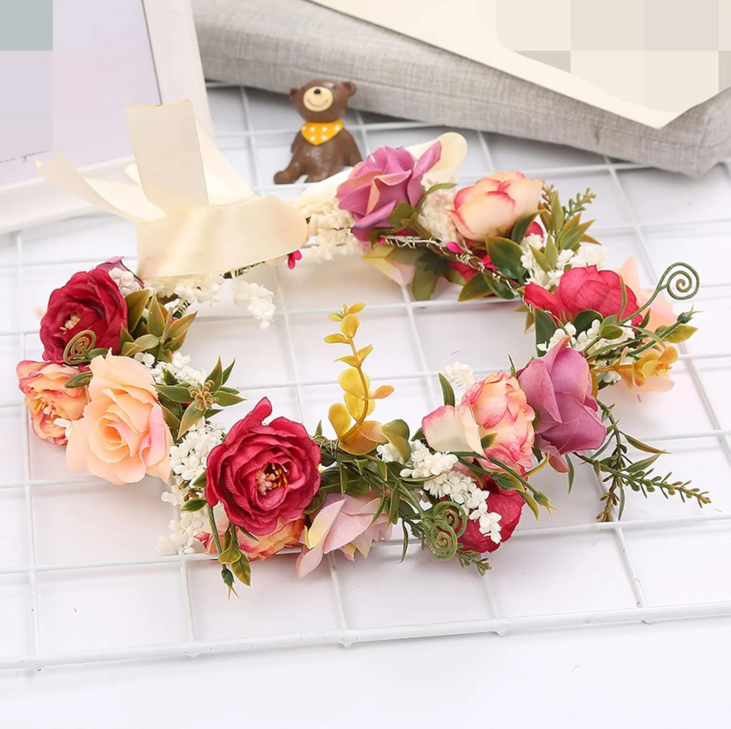 Rose Flower Crown Bridal Floral Headband Hair Wreath Flower Headpiece Halo Boho with Ribbon Wedding Party Festival Photos