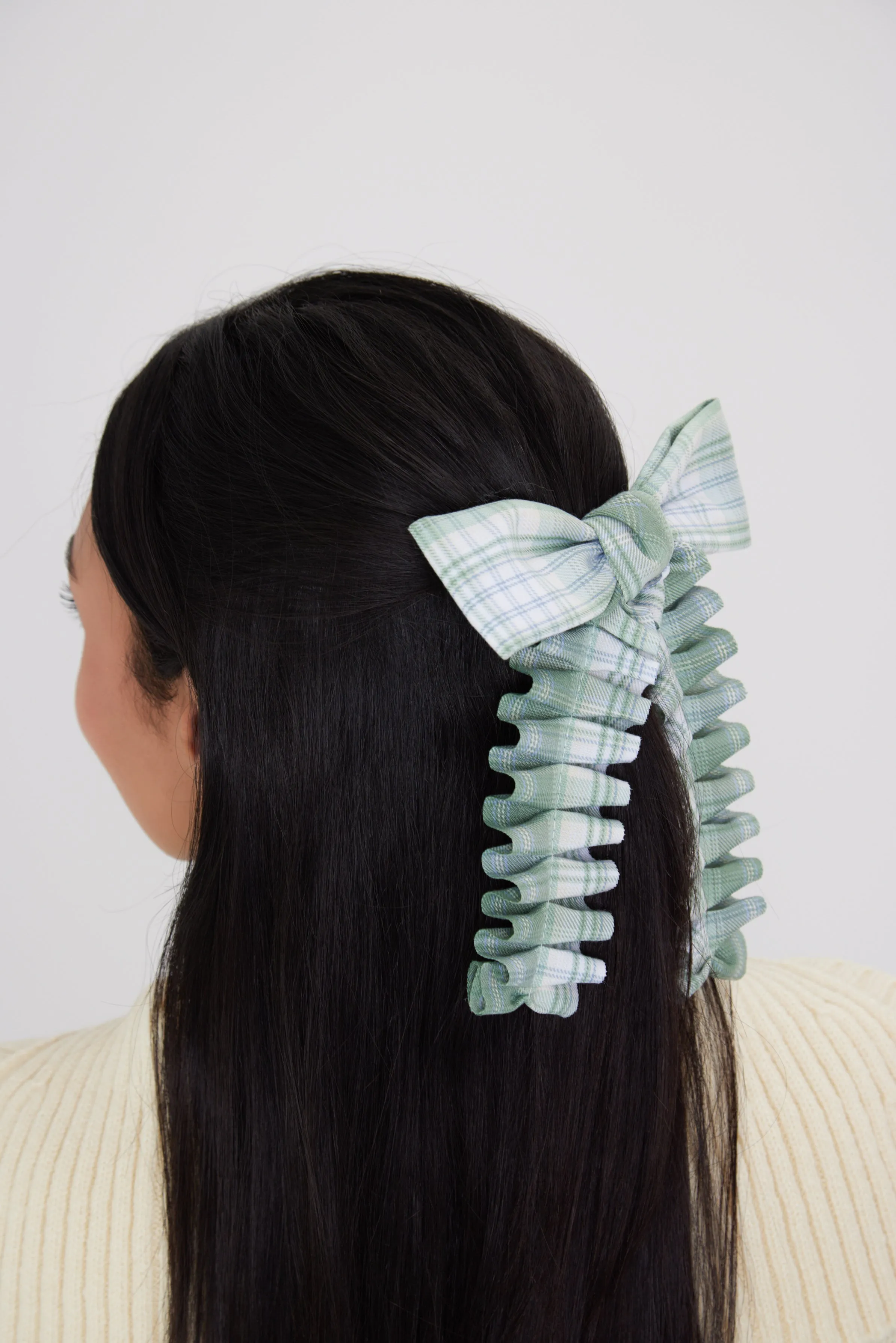 Ruched Check Bow Clip in Green