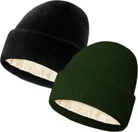 Satin Lined Beanie for Women Winter Warm Soft Lining Cuffed Knit Hats Silk Lined Beanie for Women