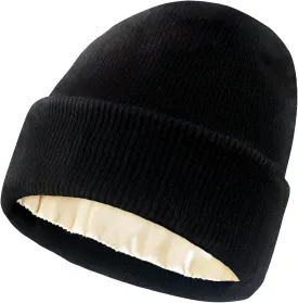 Satin Lined Beanie for Women Winter Warm Soft Lining Cuffed Knit Hats Silk Lined Beanie for Women