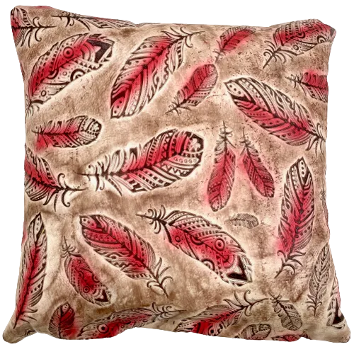 Square Pillow - Red Feather Print Leather - 18" x 18"(PIL153)