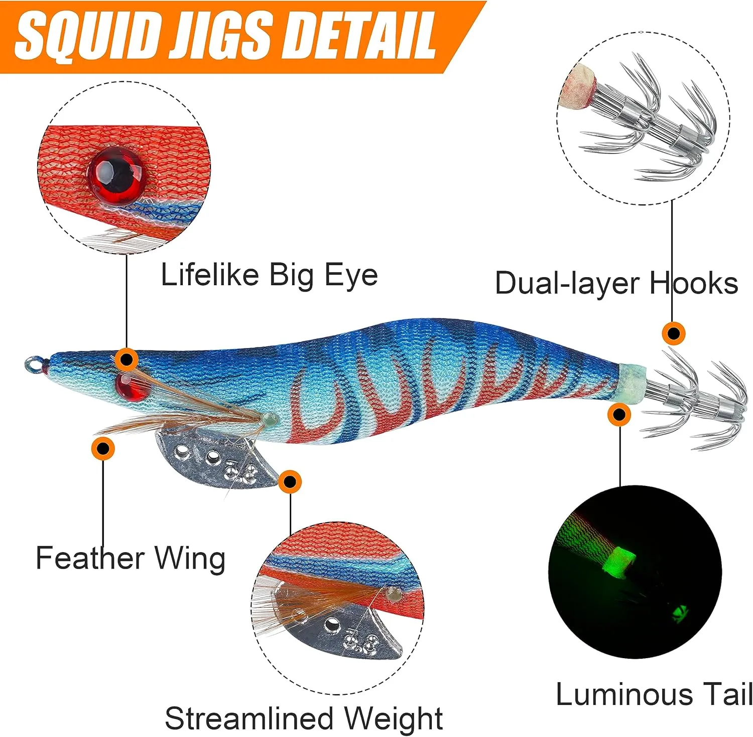 Squid Jigs Saltwater Fishing Lures, 10pcs Glow Squid Lures Glow in The Dark Shrimp Baits Luminous Jig Hooks Artificial Prawn Cuttlefish Sleeve Octopus Baits