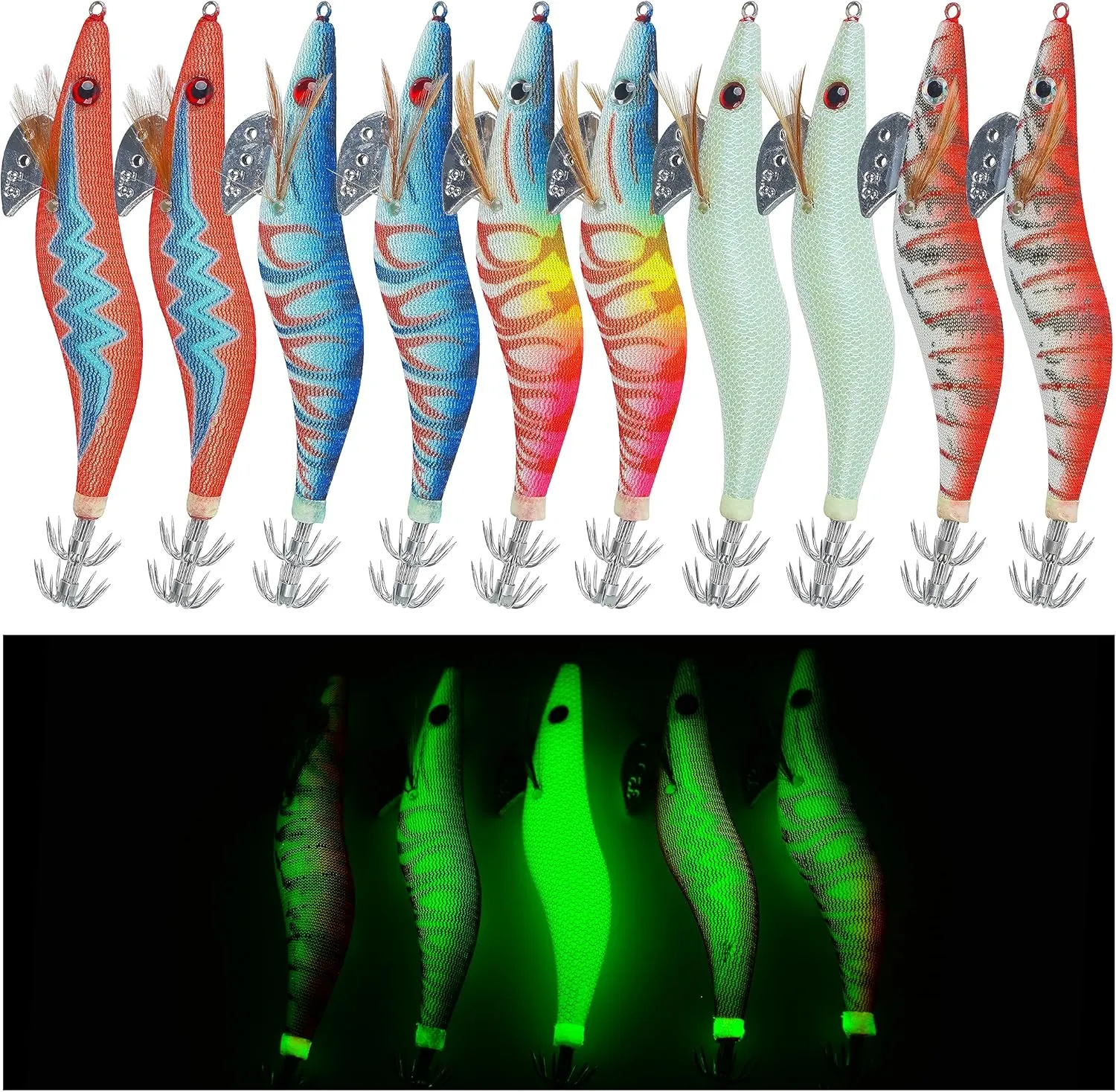 Squid Jigs Saltwater Fishing Lures, 10pcs Glow Squid Lures Glow in The Dark Shrimp Baits Luminous Jig Hooks Artificial Prawn Cuttlefish Sleeve Octopus Baits