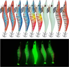 Squid Jigs Saltwater Fishing Lures, 10pcs Glow Squid Lures Glow in The Dark Shrimp Baits Luminous Jig Hooks Artificial Prawn Cuttlefish Sleeve Octopus Baits