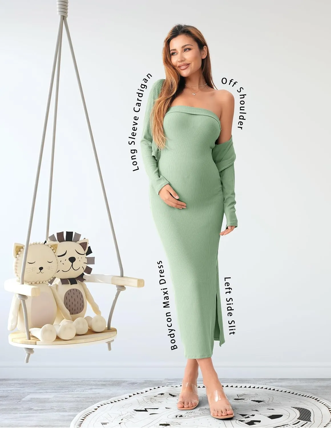 SUNNYBUY Baby Shower Maternity Tube Dress Short Cardigan Bodycon Ribbed Maxi Dress Casual 2 Piece Pregnancy Outfit Set