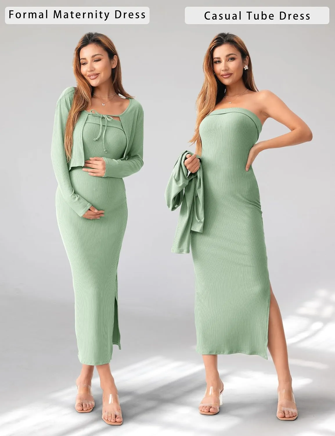 SUNNYBUY Baby Shower Maternity Tube Dress Short Cardigan Bodycon Ribbed Maxi Dress Casual 2 Piece Pregnancy Outfit Set
