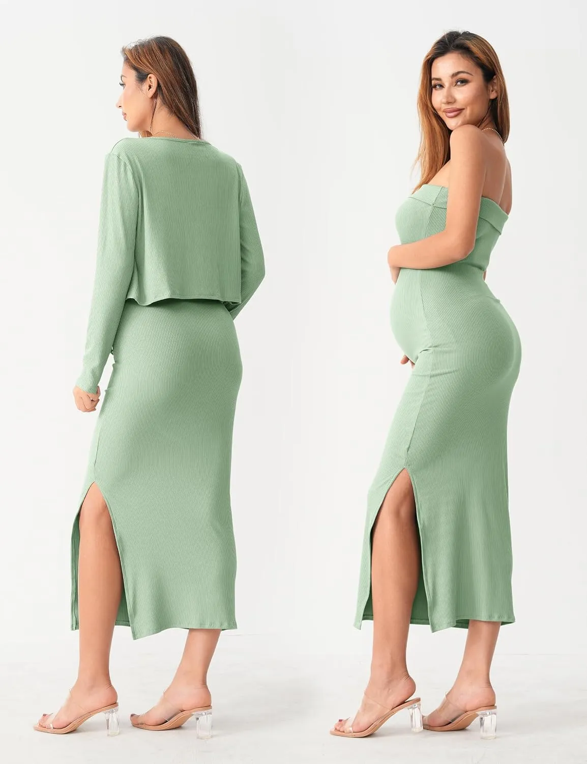 SUNNYBUY Baby Shower Maternity Tube Dress Short Cardigan Bodycon Ribbed Maxi Dress Casual 2 Piece Pregnancy Outfit Set