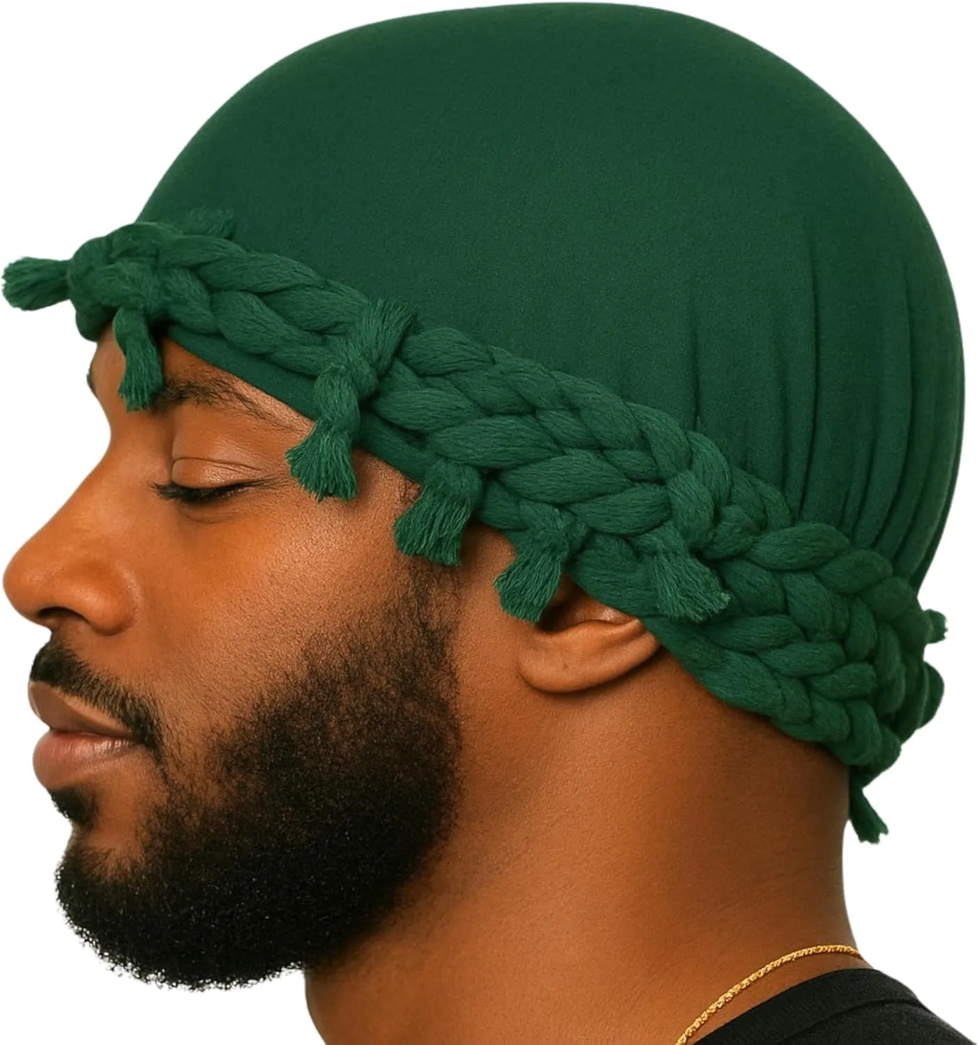 Superior Halo Turban Silk Satin Lined Head Wrap, Pre-Tied Tassel Durag for Men & Women, Turban Durag Wave Cap (Forest Green)