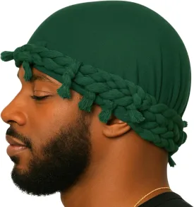 Superior Halo Turban Silk Satin Lined Head Wrap, Pre-Tied Tassel Durag for Men & Women, Turban Durag Wave Cap (Forest Green)