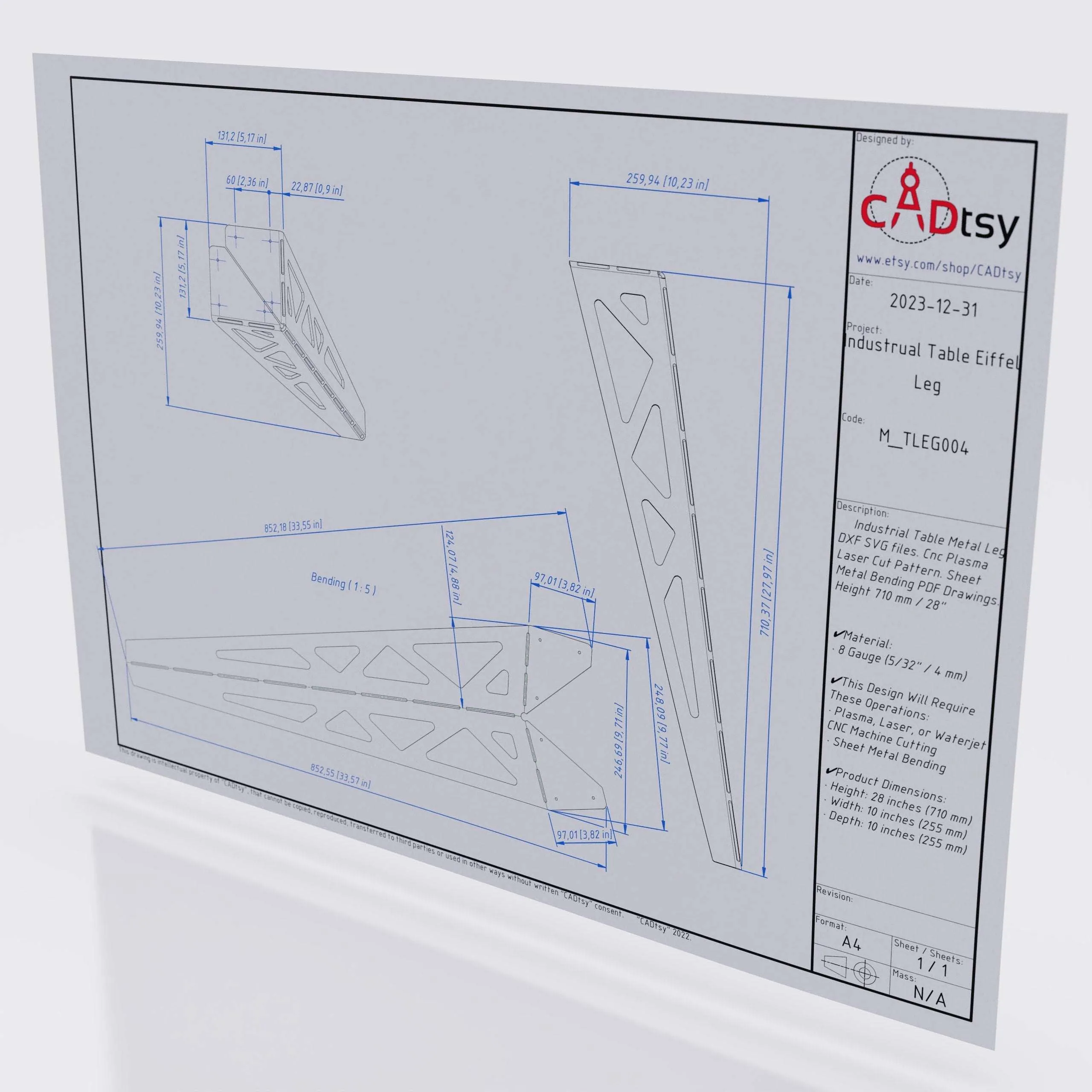 Table Metal Leg DXF / SVG - CNC Plasma / Laser Cut Files, 710mm / 28in Height