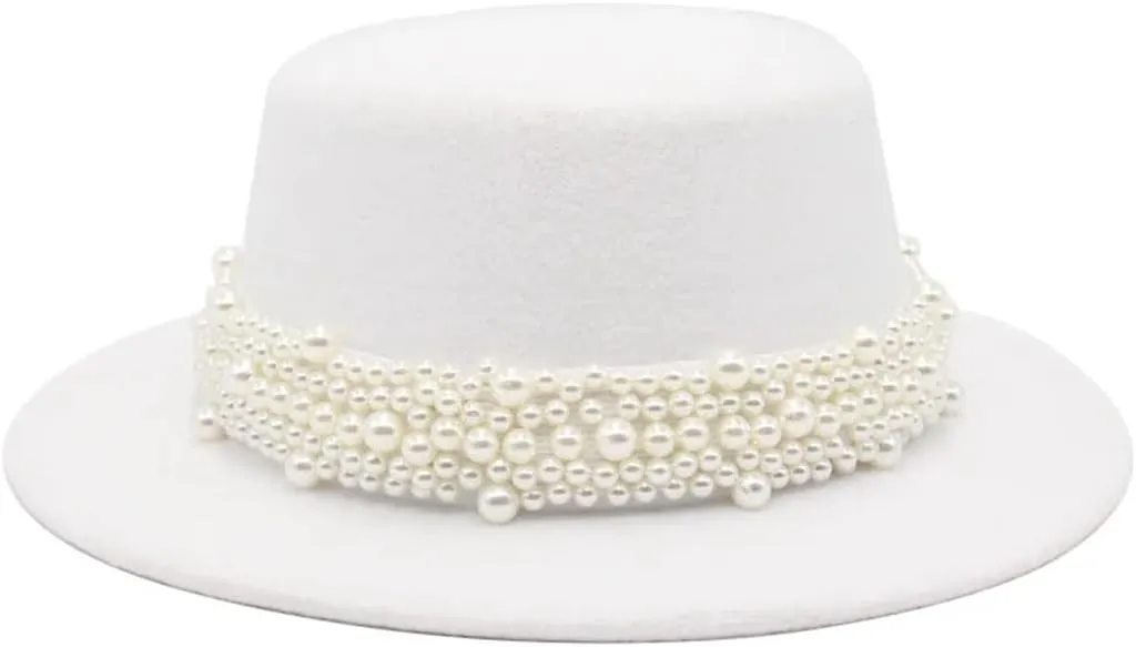 Unisex Flat Top Fedoras Hats Solid Color Pearl Accessories Jazz Cap Men Women French Elegant Top Hat