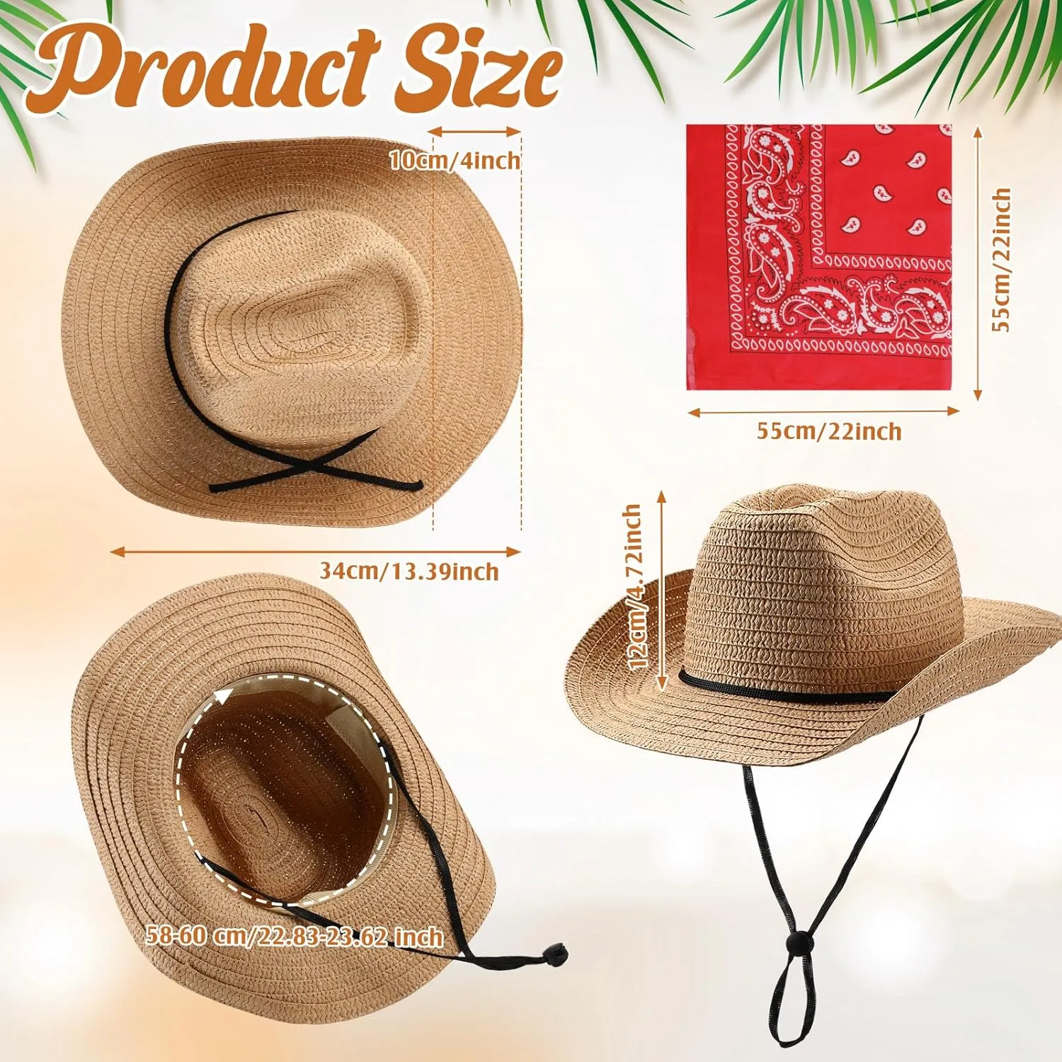 Unittype Cowboy Hats Set of 3 with Red Bandanas - Classic Western Cowboy Party Hat Accessories