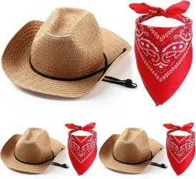 Unittype Cowboy Hats Set of 3 with Red Bandanas - Classic Western Cowboy Party Hat Accessories