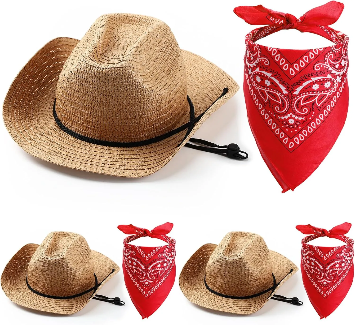 Unittype Cowboy Hats Set of 3 with Red Bandanas - Classic Western Cowboy Party Hat Accessories
