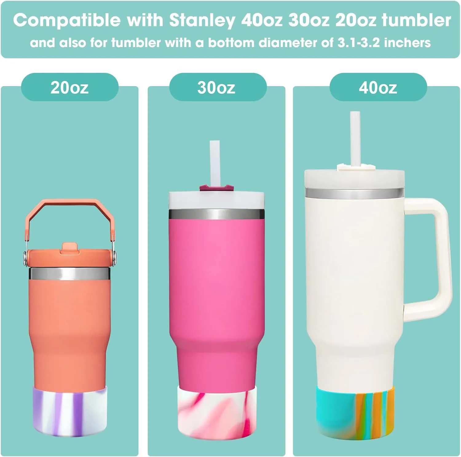 Upgrade 2PCS Protective Silicone Boot Bumper for Stanley Quencher Adventure 40oz 30oz IceFlow 20oz 30oz Tumbler, Water Bottle Bottom Sleeve Cover Accessories for Stanley Mug Cup(Blue Green  Orange)