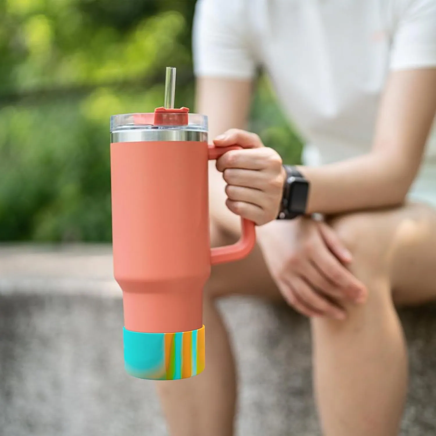 Upgrade 2PCS Protective Silicone Boot Bumper for Stanley Quencher Adventure 40oz 30oz IceFlow 20oz 30oz Tumbler, Water Bottle Bottom Sleeve Cover Accessories for Stanley Mug Cup(Blue Green  Orange)