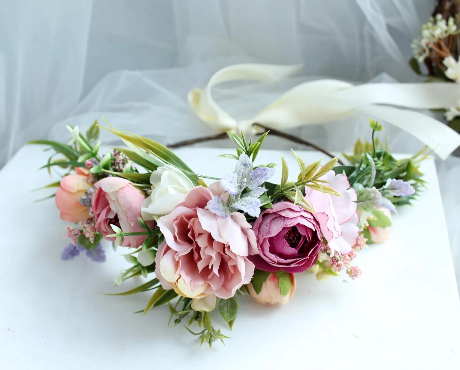 Women Floral Crown Boho Flower Headband Hair Wreath Floral Halo Headpiece with Ribbon Wedding Party Festival Photos