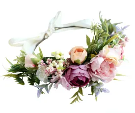 Women Floral Crown Boho Flower Headband Hair Wreath Floral Halo Headpiece with Ribbon Wedding Party Festival Photos