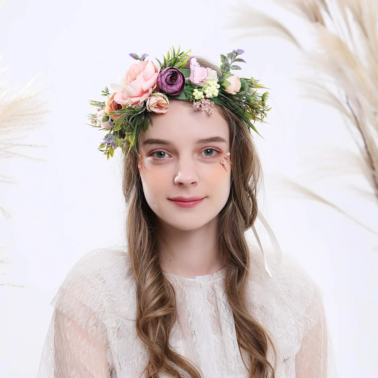 Women Floral Crown Boho Flower Headband Hair Wreath Floral Halo Headpiece with Ribbon Wedding Party Festival Photos